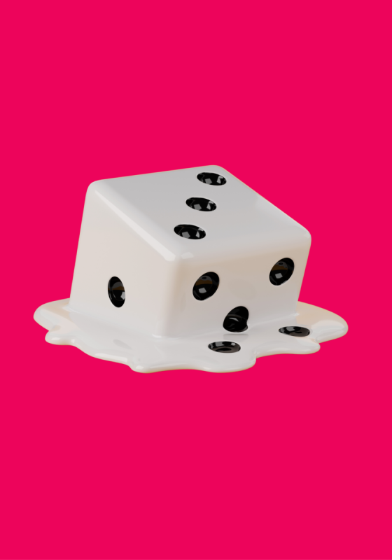 an image of a die that is melting against a pink background