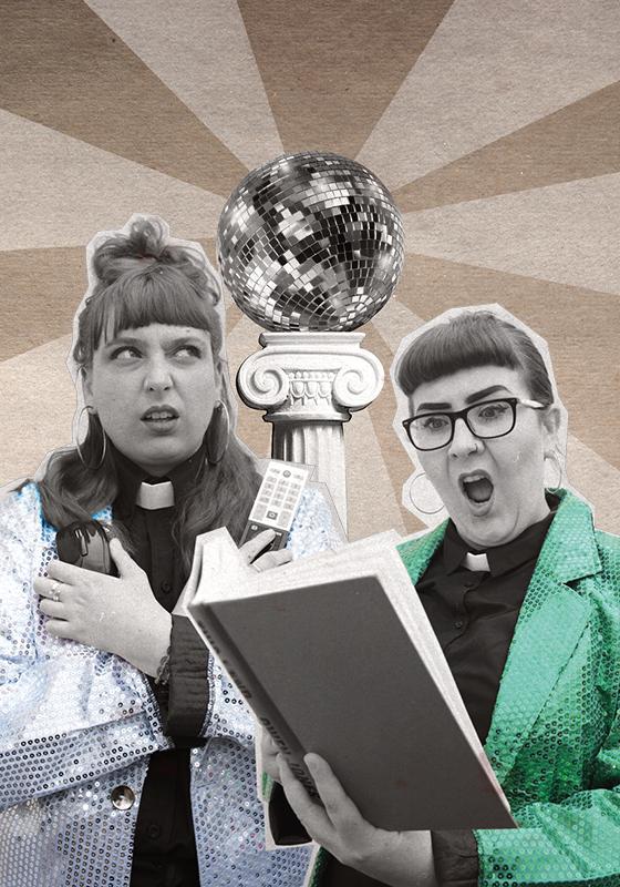 Two vicars: one holding a TV remote and one looking shocked at a book.
