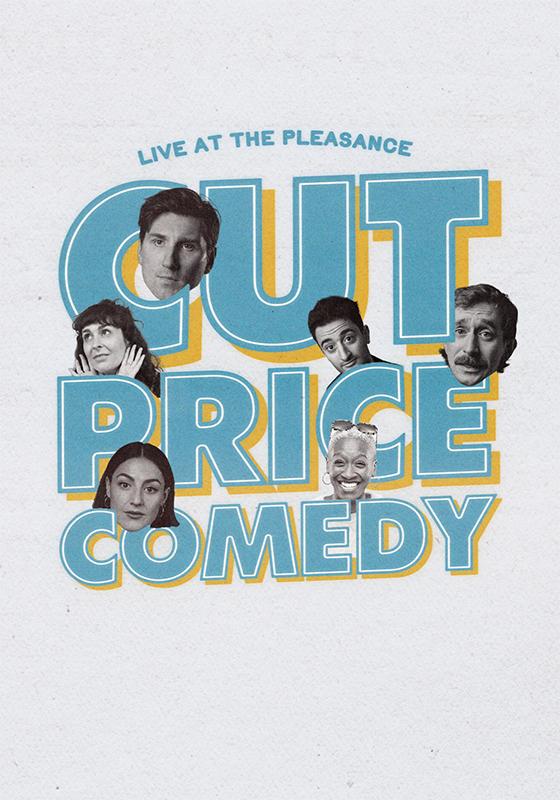 Cut Price Comedy in blue with the comedians heads floating around.