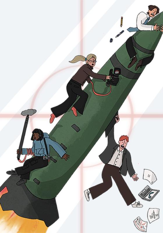 A cartoonish image of four people clinging onto a missile. They are dressed smartly and holding various items including a laptop, camera and boom stick.