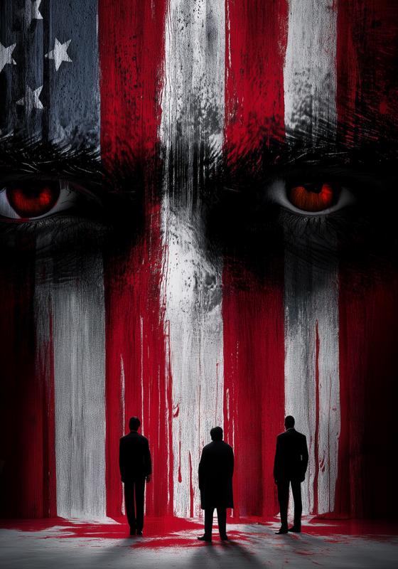 Two red eyes can be seen in front of a painted american flag. The eyes and flag are looming over three silhouettes which are small at the bottom of the image.