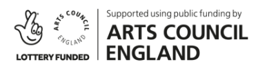 Logos for the National Lottery and Arts Council England, accompanied by text indicating that this project is supported using public funding from Arts Council England