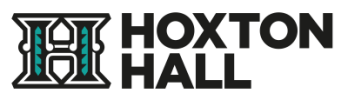 Hoxton Hall logo with an ornate 'H' featuring bold black and white outlines with a teal jagged design in the centre and the words 'Hoxton Hall'