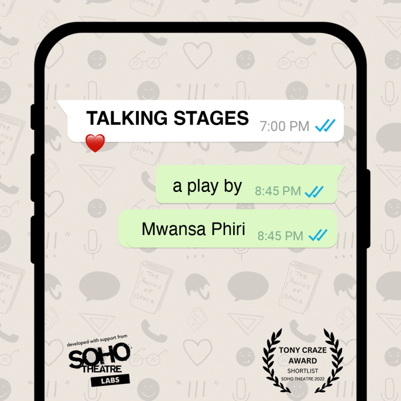 The image is a light green background with a repeated pattern of various emojis and icons including an umbrella, glasses, a smiley face and a microphone. The image has text contained within two message bubbles. The top message bubble reads 'Talking Stages' The message bubble underneath reads 'by Mwansa Phiri' Below the second message bubble is more text that reads 'developed as part of Soho Theatre Labs,' and next to this 'Tony Craze Award Shortlist, Soho Theatre 2022'