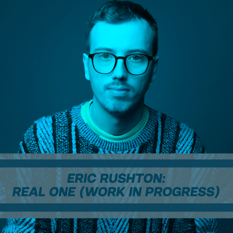 Upper body shot of Eric with a blue filter and the show title in across a banner