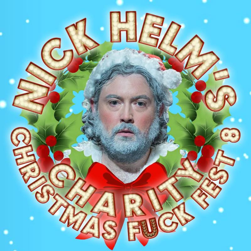 Nick Helm dressed as Father Christmas with ivy and the title of the show surrounding him against a blue back drop.