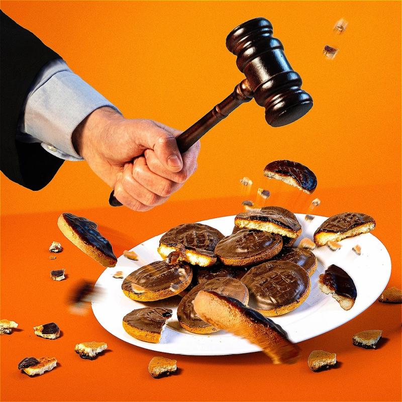A plate of Jaffa cakes being crushed by a gavel.