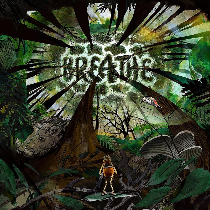 A cartoon image of a forest, with a character looking up into the high trees. In the sky, the show's title 'BREATHE' is written dark green. 