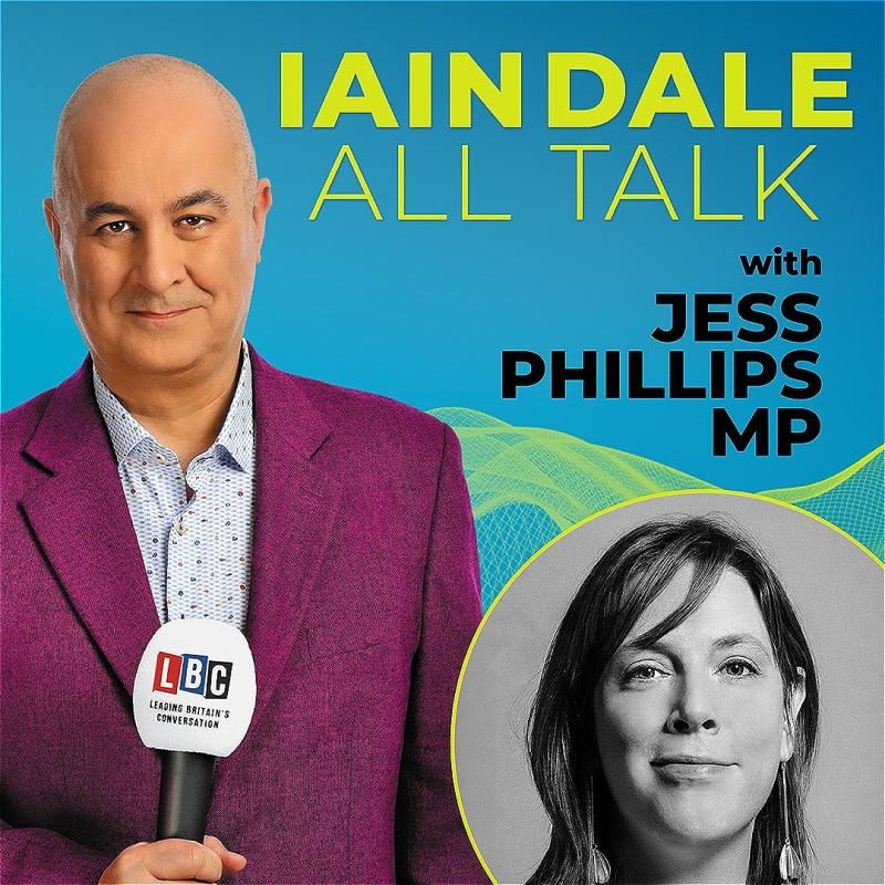Iain Dale wears a purple suit and looks into the camera, holding a mic. In the bottom right, there is a picture of the guest - Jess Phillips