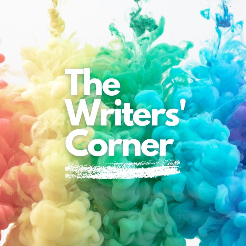 'The Writers' Corner' is printed in a white font on top of a collection of multi-coloured puffs of smoke
