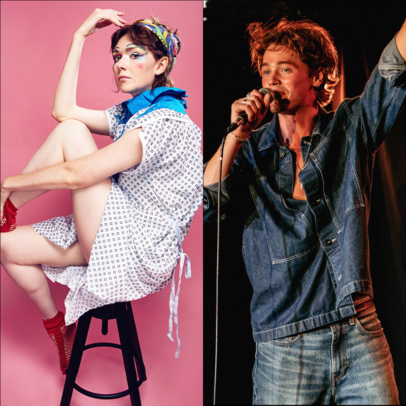 Split headshot with Elf Lyons on the left. They are sat ona  stool in a hospital style gown, perched on a stool with their knee bent and red socks. Henry holds a microphone on stage and wears a denim shirt and jeans.