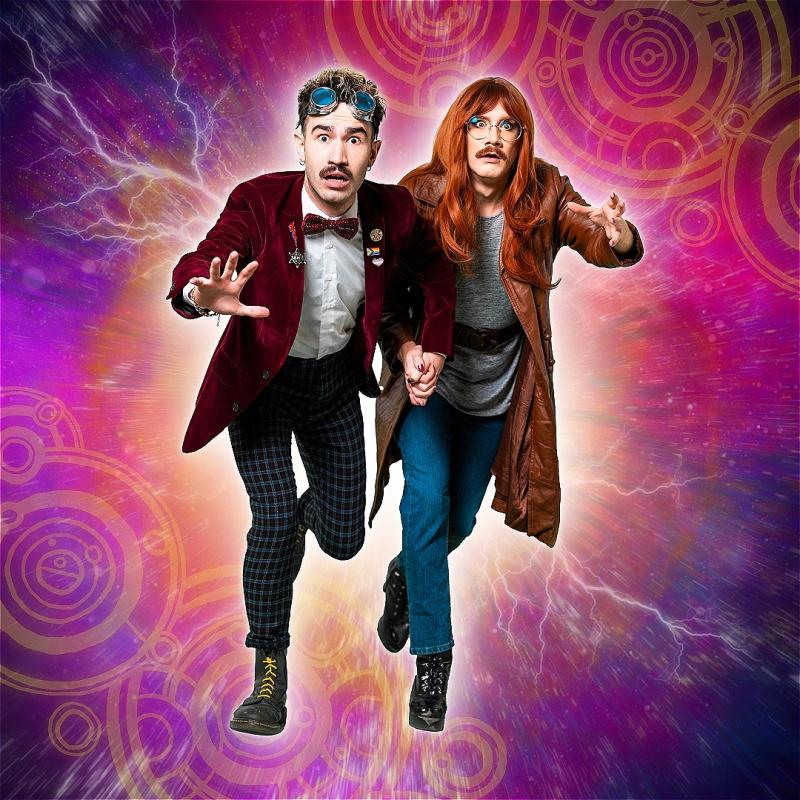 Two people dressed in a similar style to Dr Who are imposed onto a colorful background in a running pose.