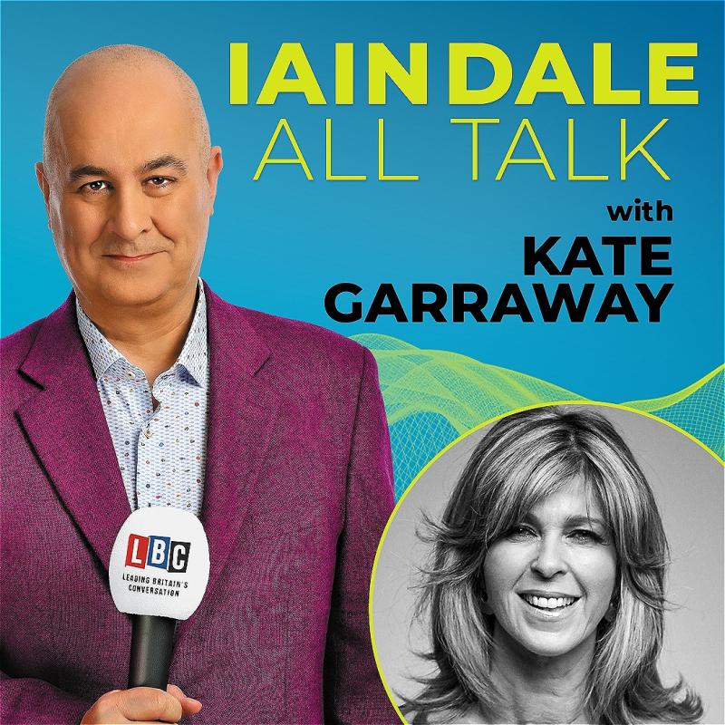 Promotional poster for "Iain Dale All Talk" featuring a smiling Iain Dale in a magenta blazer holding a microphone with an LBC logo and a smaller inset black and white image of Kate Garraway smiling. The background is bright teal with yellow text.