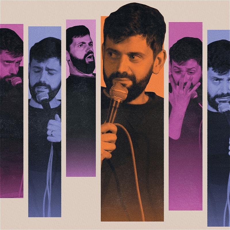 Collage of a man with a microphone displayed in various emotional expressions across multicolored vertical panels.