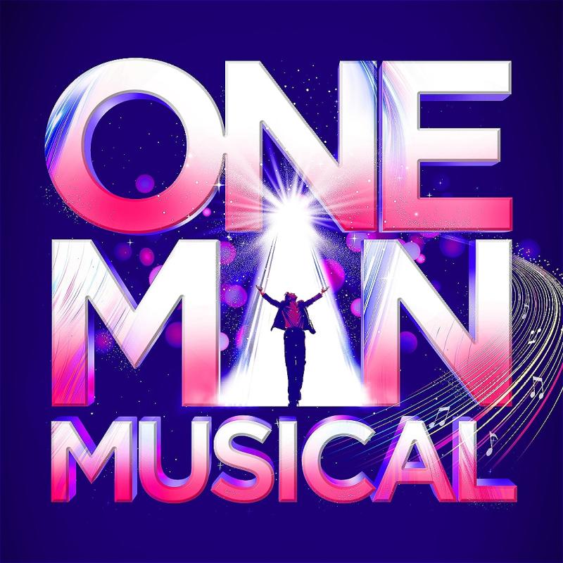 Vibrant poster for "One Man Musical" featuring large, glossy white and pink letters on a deep blue background with a silhouette of a man holding a microphone at the center, emitting bright white light and surrounded by sparkling stars and swirling light rays.