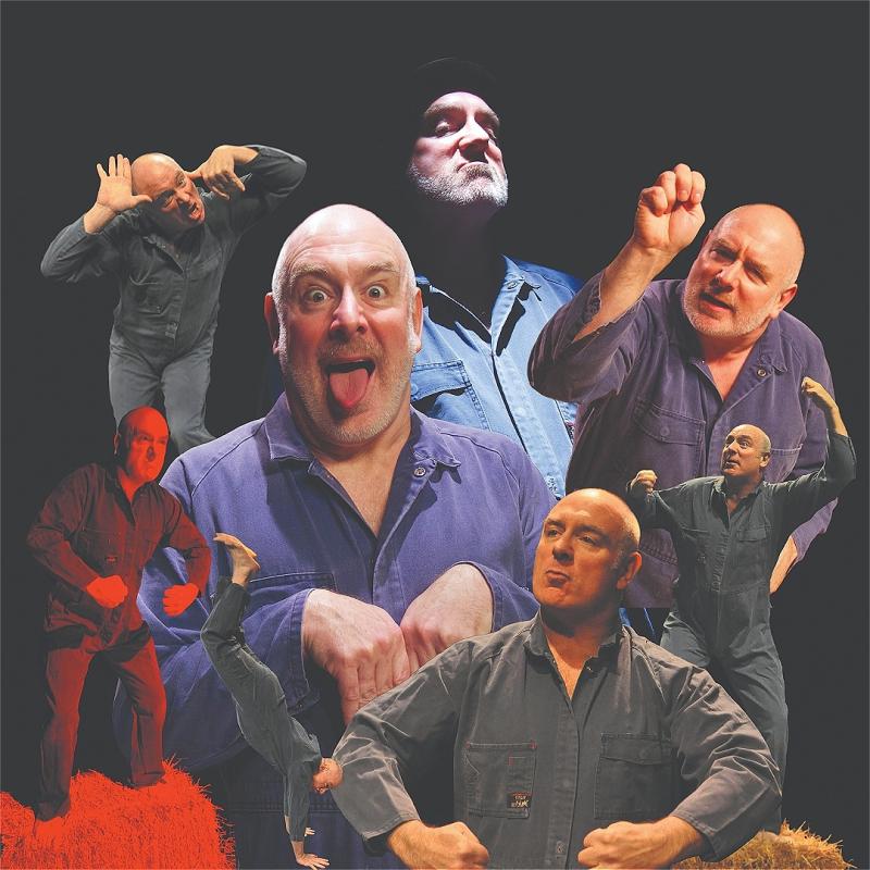 Collage of images featuring a bald man in different expressive poses and outfits against a black background, with smaller figures in action poses and dramatic expressions in both color and monochrome tones.