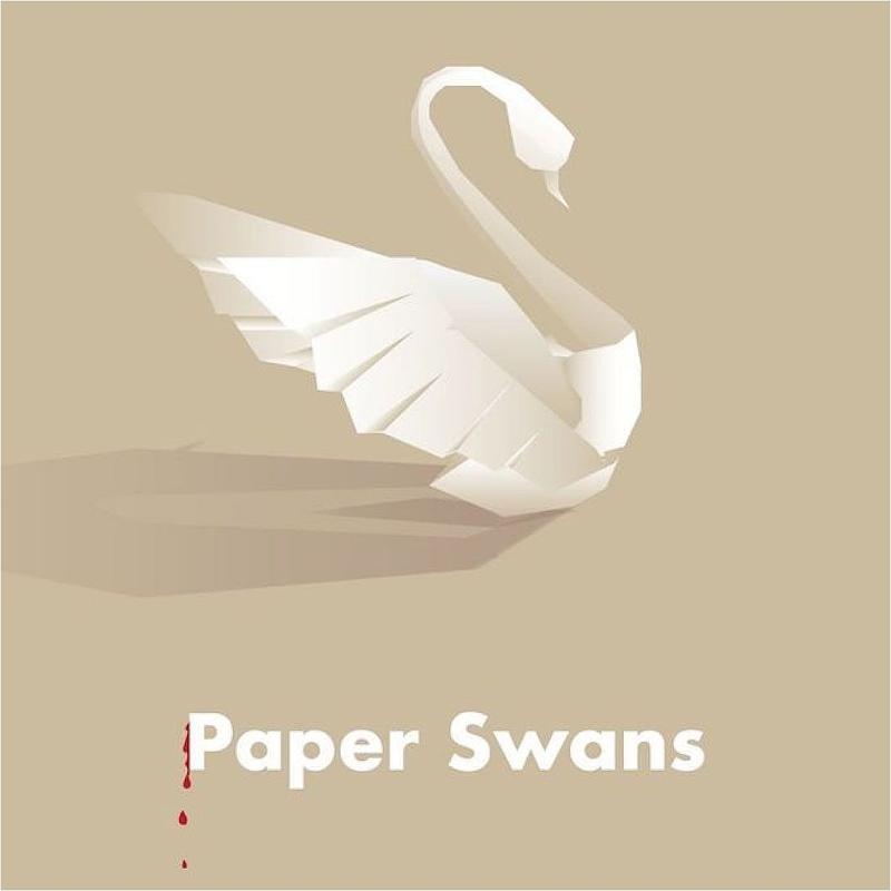 A minimalistic illustration of an origami swan in white against a beige background, with the text "Paper Swans" and stylized red ink droplets below the text.