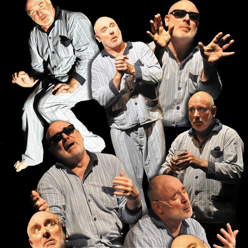 Collage of multiple expressive poses of a bald man in striped pajamas, capturing various dramatic gestures and facial expressions, against a black background.