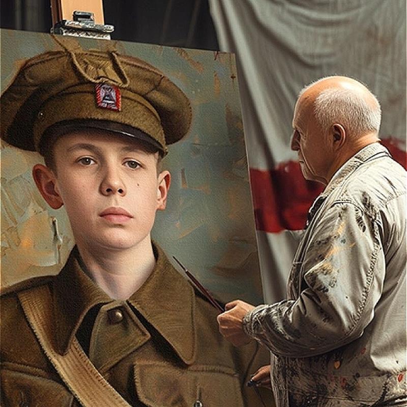 An elderly male artist in paint-splattered clothing paints a portrait of a young male in a military uniform, focusing intently on the canvas in a studio setting.