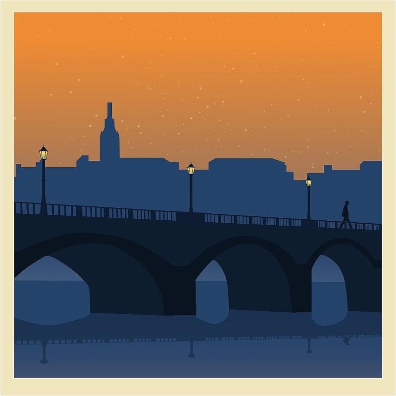 Silhouette of a person walking on a bridge over a river at dusk, with lampposts illuminating the path and a silhouette of a city skyline in the background under a gradient orange sky filled with stars.