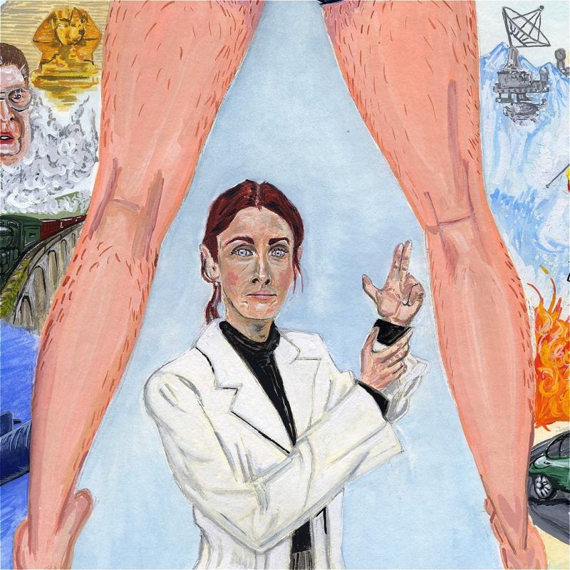 Painting of a woman in a white coat making a peace sign with her fingers, positioned below a giant pair of legs wearing blue underwear, with a backdrop that includes the Sphinx and an industrial scene.