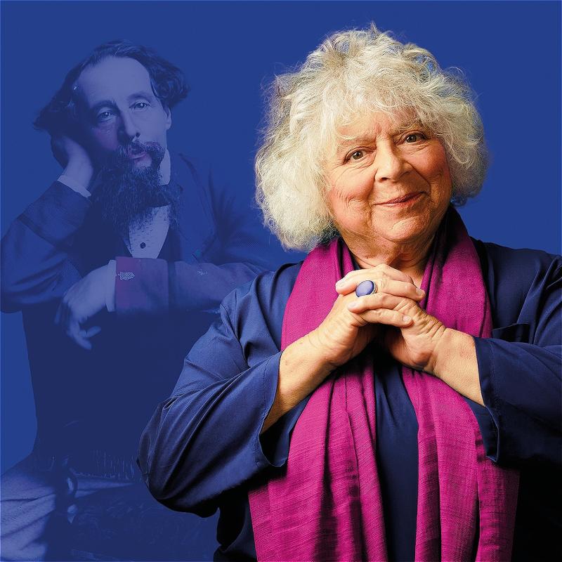 Miriam smiling at the camera with a faded picture of Charles Dickens behind her.