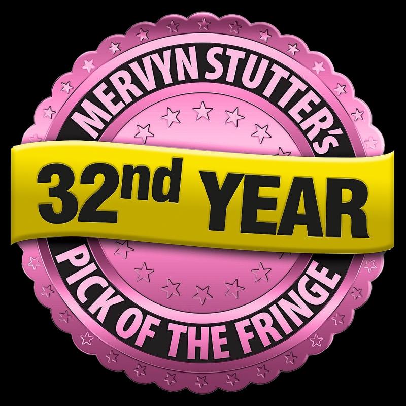 Pink & yellow logo for Mervyn Stutter's 32nd Year of Pick of the Fringe