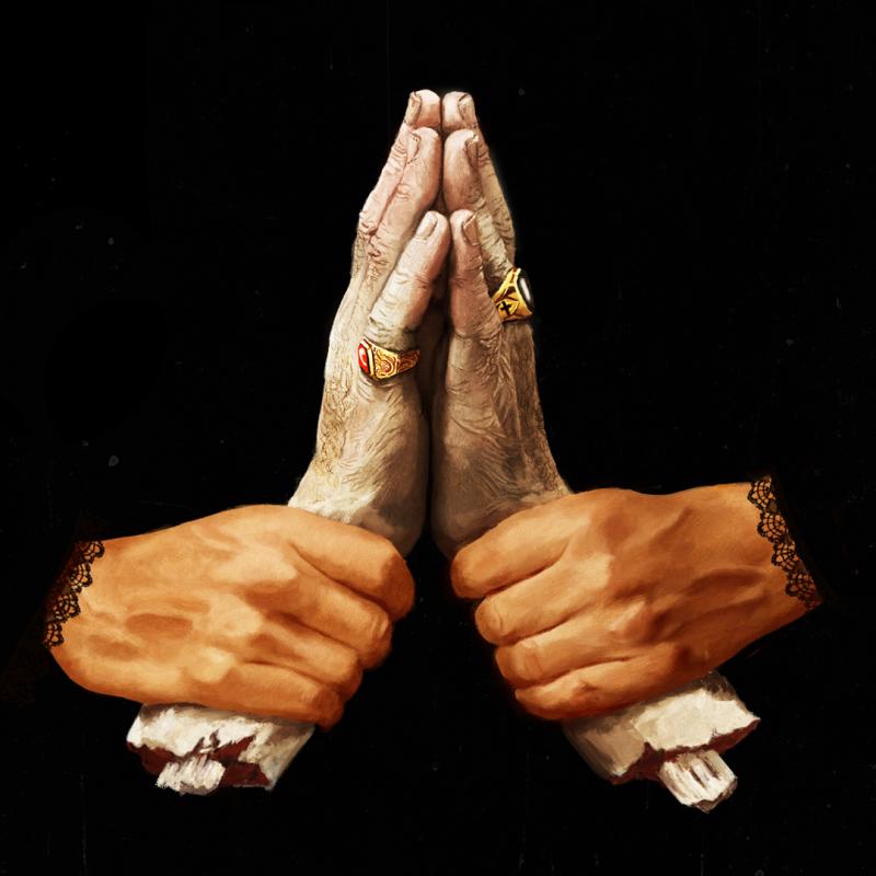 Artwork with one pair of hands held up in prayer, gripped tightly by another.
