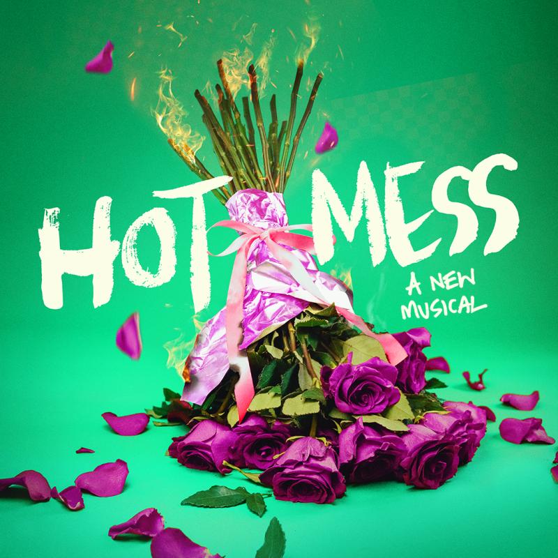 Bouquet of pink roses discarded with flames coming off of the stems, between the words hot mess.