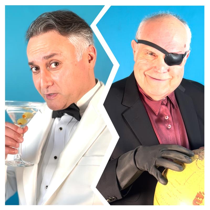 A spy drinks from a martini glass on one half. Other half shows an evil villain with an eye patch.