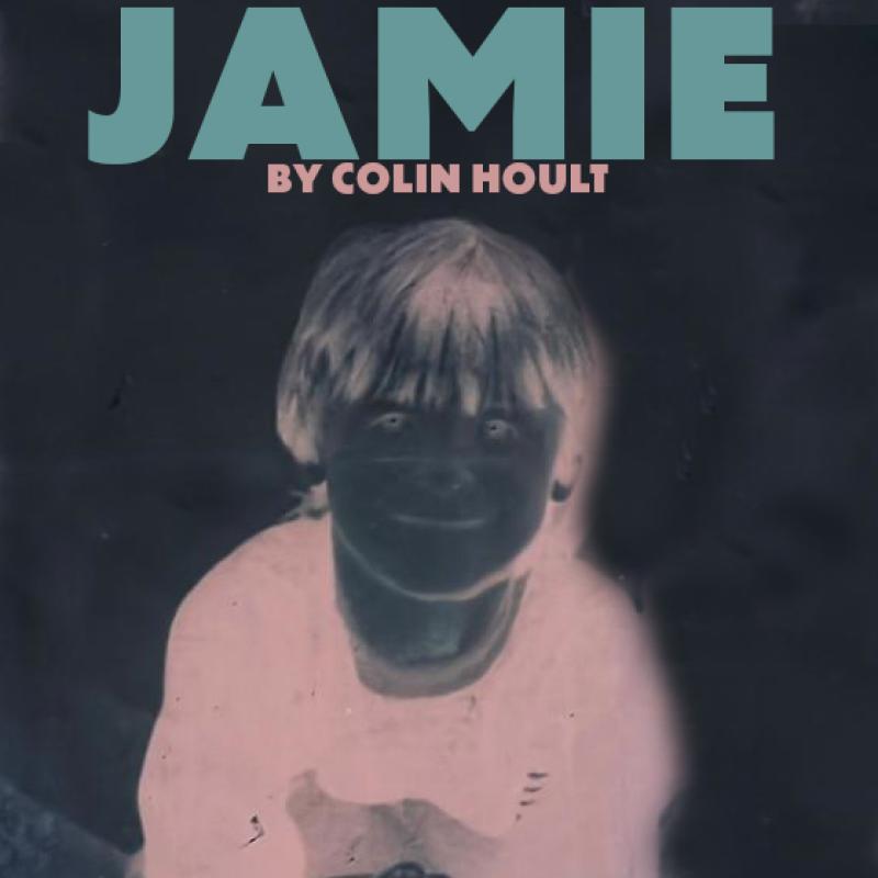 Young boy looks up at camera in x-ray style black and white image