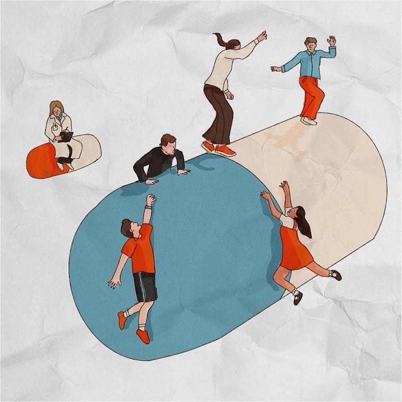 Graphic illustration of five people clambering on a giant pill whilst a medical expert sits on a smaller pill observing.