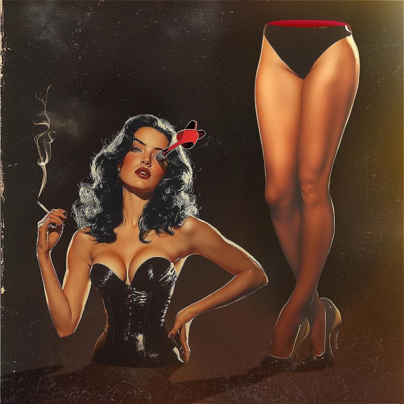 The torso of a magician's assistant wearing heels and holding a cigarette is split into two - top and bottom.