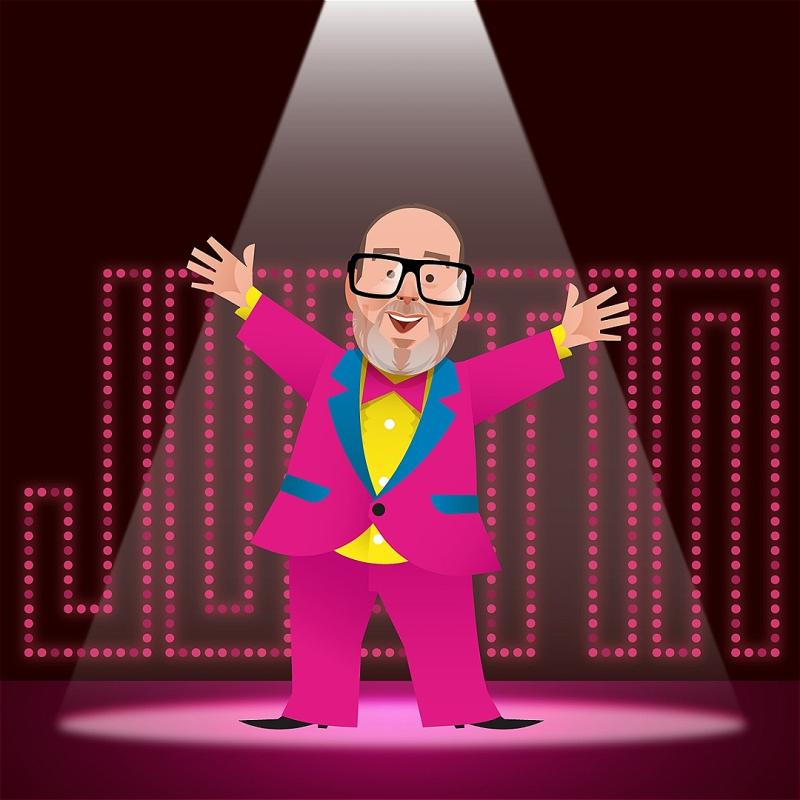 A cartoon version of Justin Moorhouse stands brightly in a pink tuxedo under a spotlight in front of a light banner of his own name.
