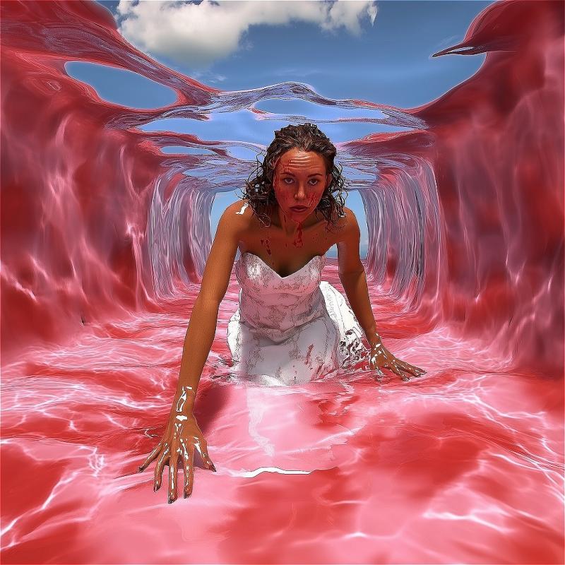 A woman moves towards the viewer in a tunnel made of pinks, blues and whites that look like they are fluid and melting into one another.