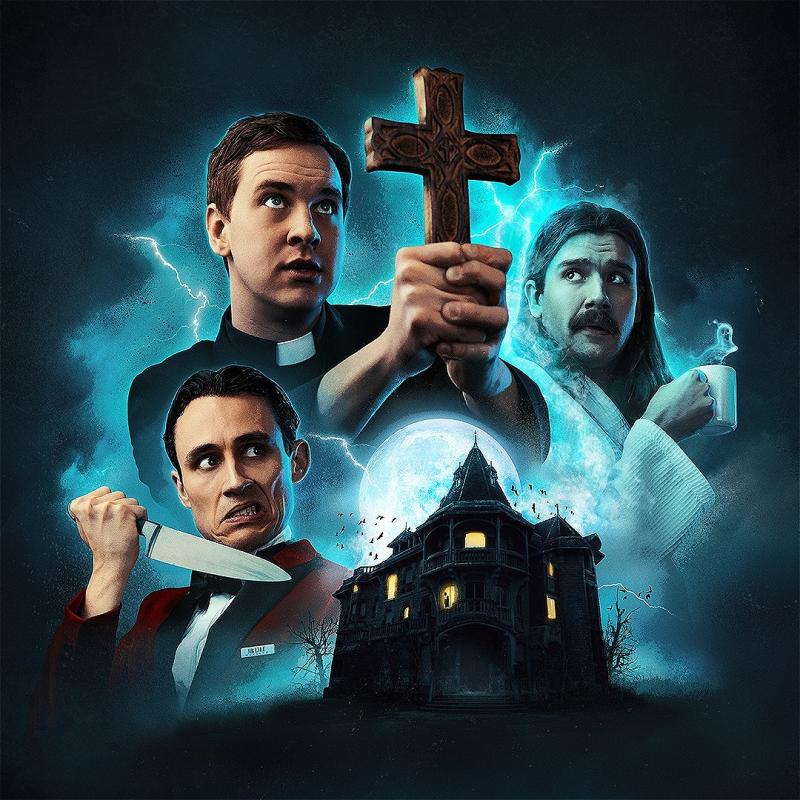 Crybabies cast in different outfits holding a knife, a cross, and a mug, around a haunted house