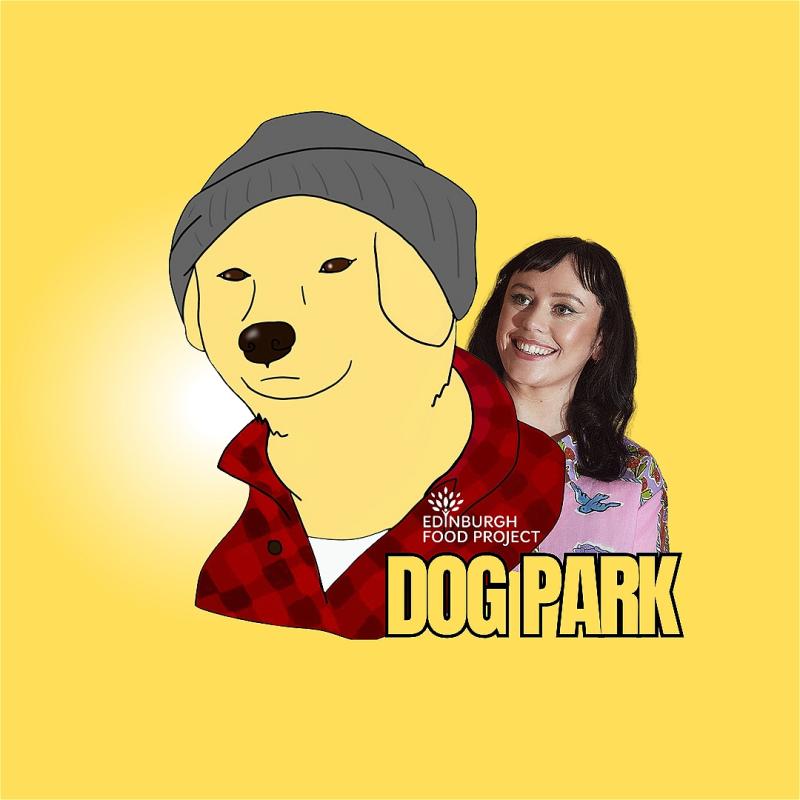 A yellow cartoon dog in a grey beanie and flannel shirt gazes moodily into the camera. The performer stands grinning behind it. The yellow background is the same colour as the dog.