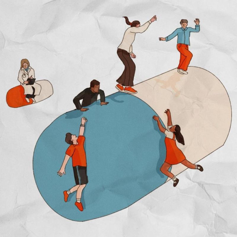 Graphic illustration of five people clambering on a giant pill.