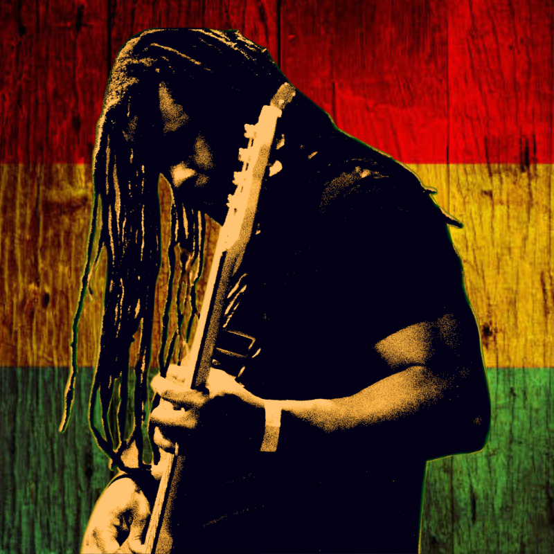 A man with dreads plays the guitar against a wooden background in red, yellow and green
