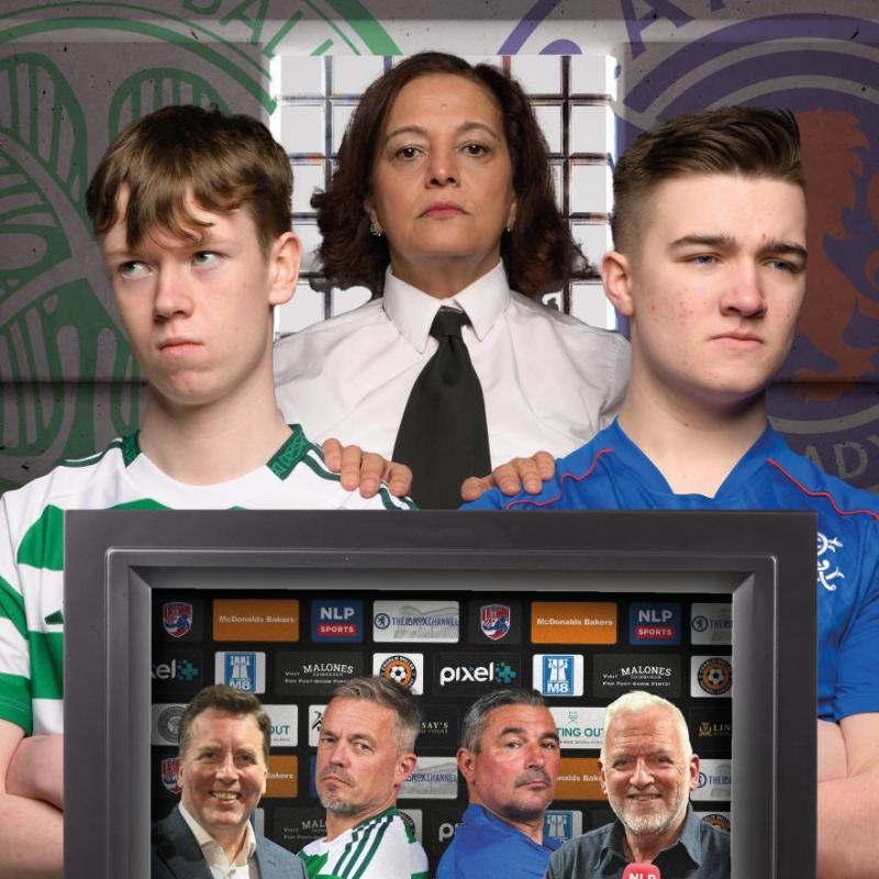 Two young men, one wearing a green shirt and another wearing a blue shirt, stand before a woman wearing a white shirt and a black tie,in front of them a TV showcasing two men wearing the same shirts between two sportscasters