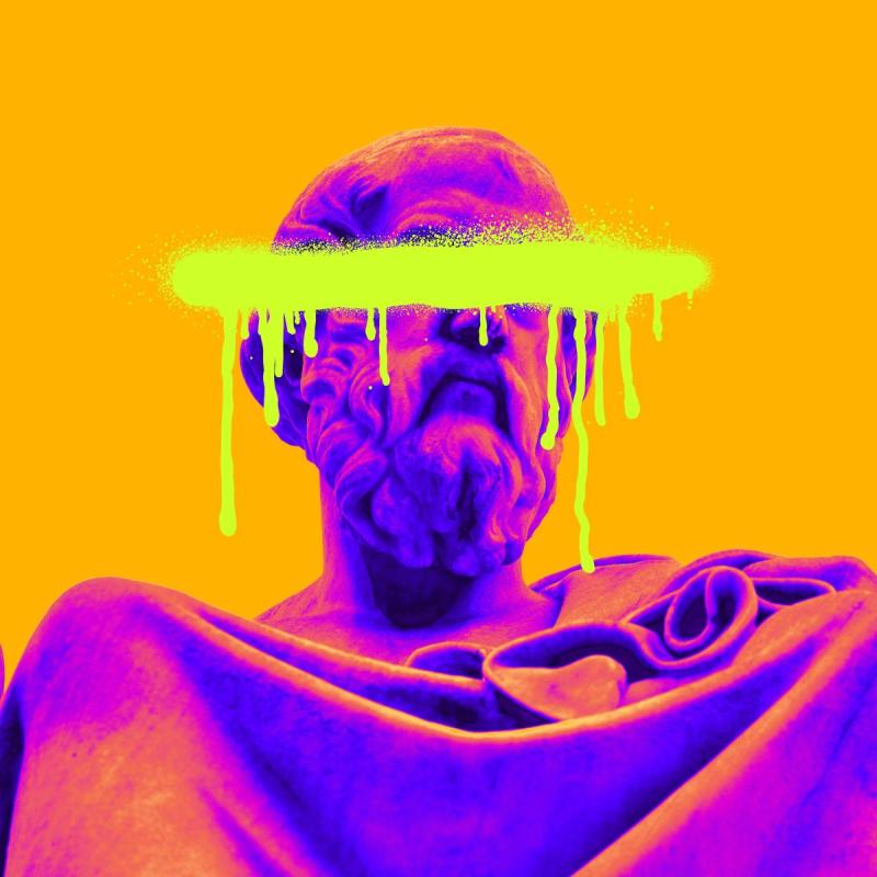 A neon thermal image of a statue with the eyes crossed out by graffiti.