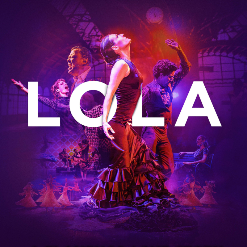 A dancer in a classic flamenco gown with heavy purple and red lighting against the title LOLA