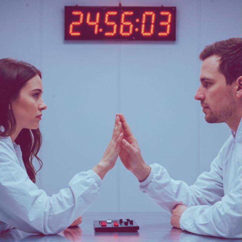 Two people dressed in white touch hands gently over a table.