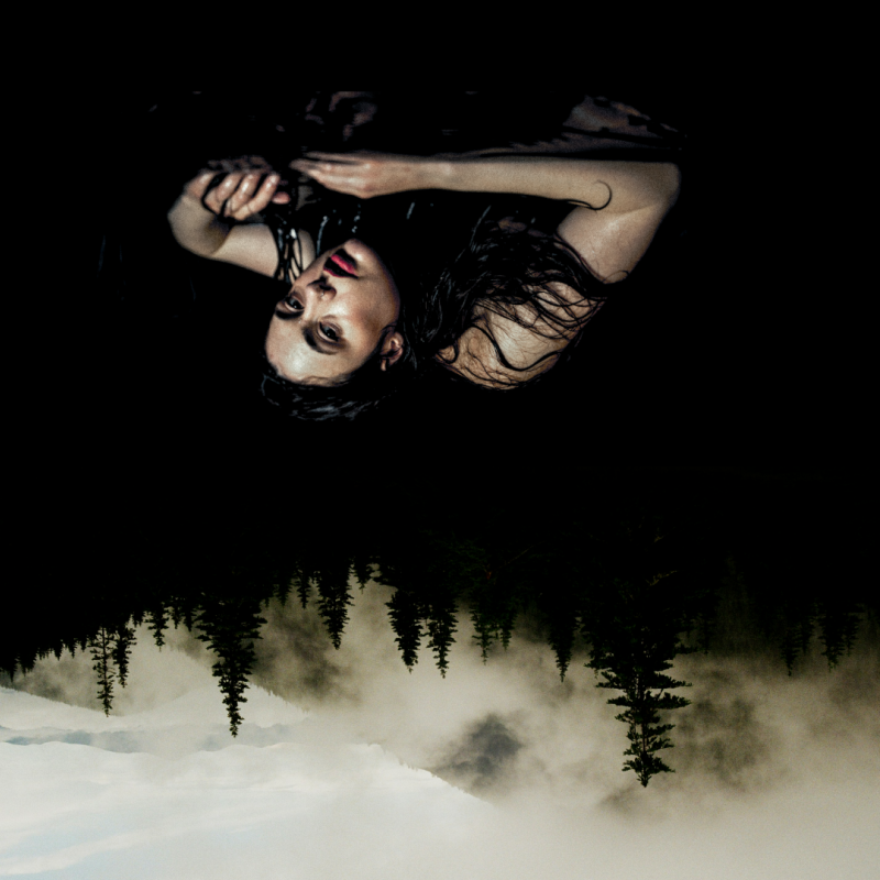 Marjolein resting her arms & head on a table. The image has then been flipped upside down.