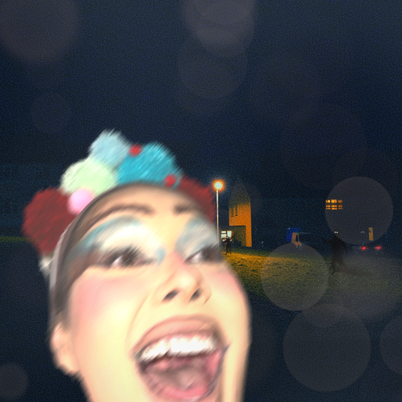 A blurry selfie of Patti Harrison with her mouth wide open 