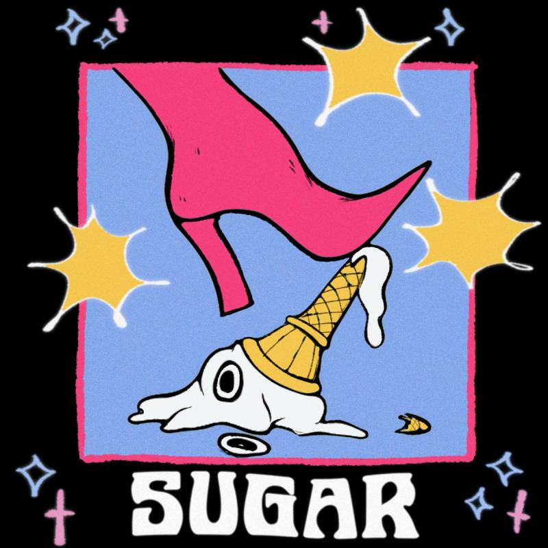 Cartoon image of a pink stiletto heel stepping onto an ice cream with the title SUGAR underneath..