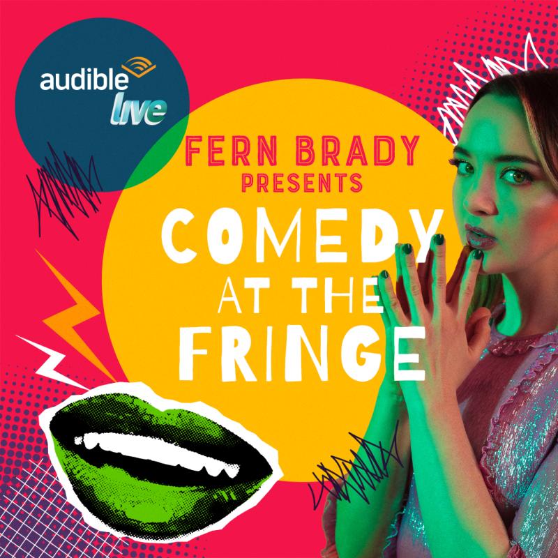 Title and a photo of MC Fern Brady in bright colours with a cartoon mouth on the left side.