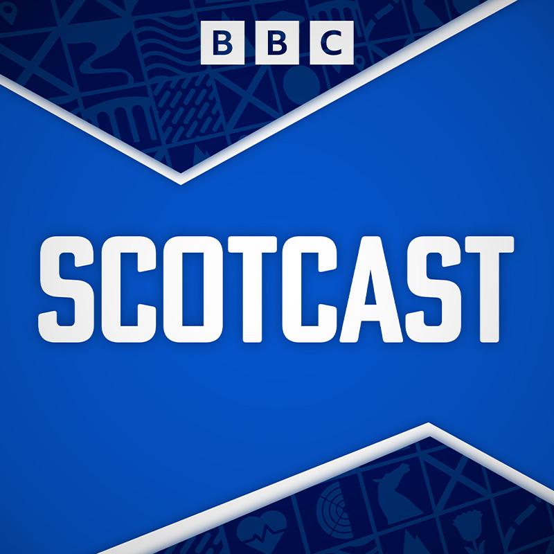 Scotcast BBC logo against the colours of the Scottish flag.