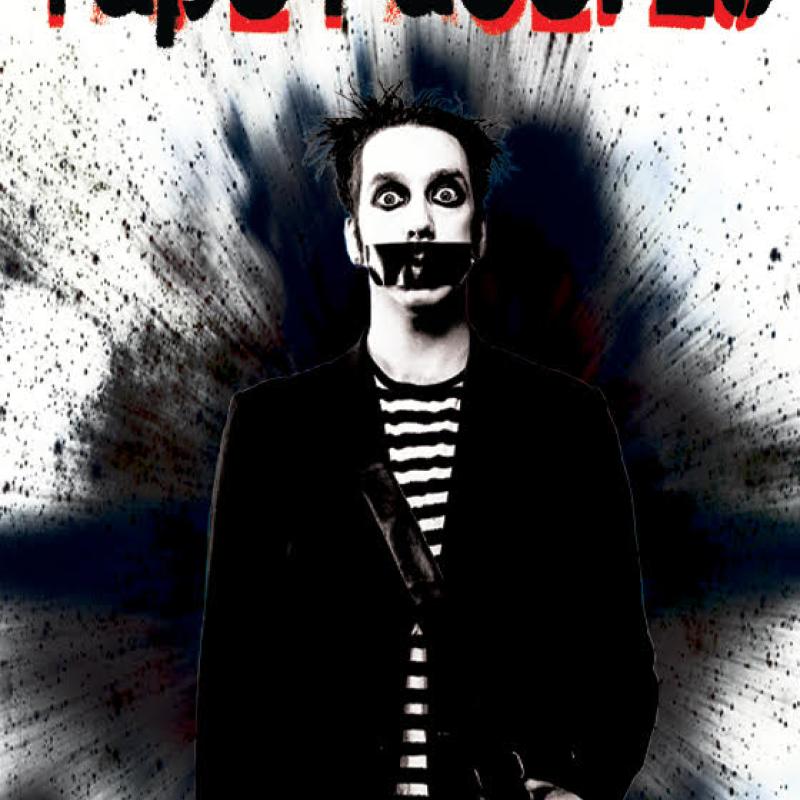 Man in black and white top and black jacket with tape on mouth