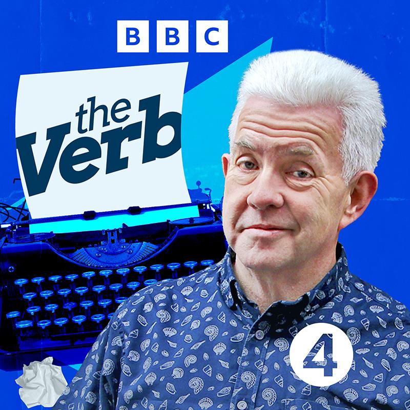 Photo of presenter next to a typewriter with BBC and Radio 4 logos.